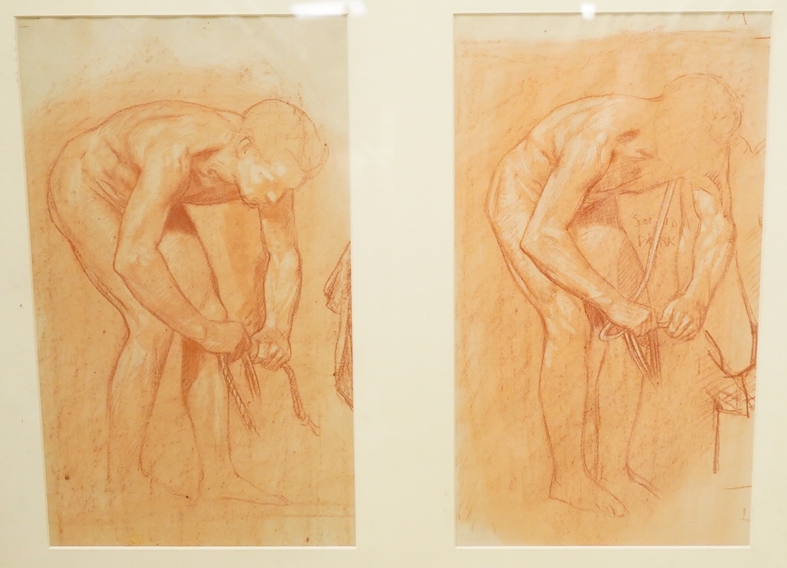 Harry Mileham (1875-1957), Two figural studies, unsigned, pair of sanguine chalks mounted and framed as one, each 45 x 25cm
